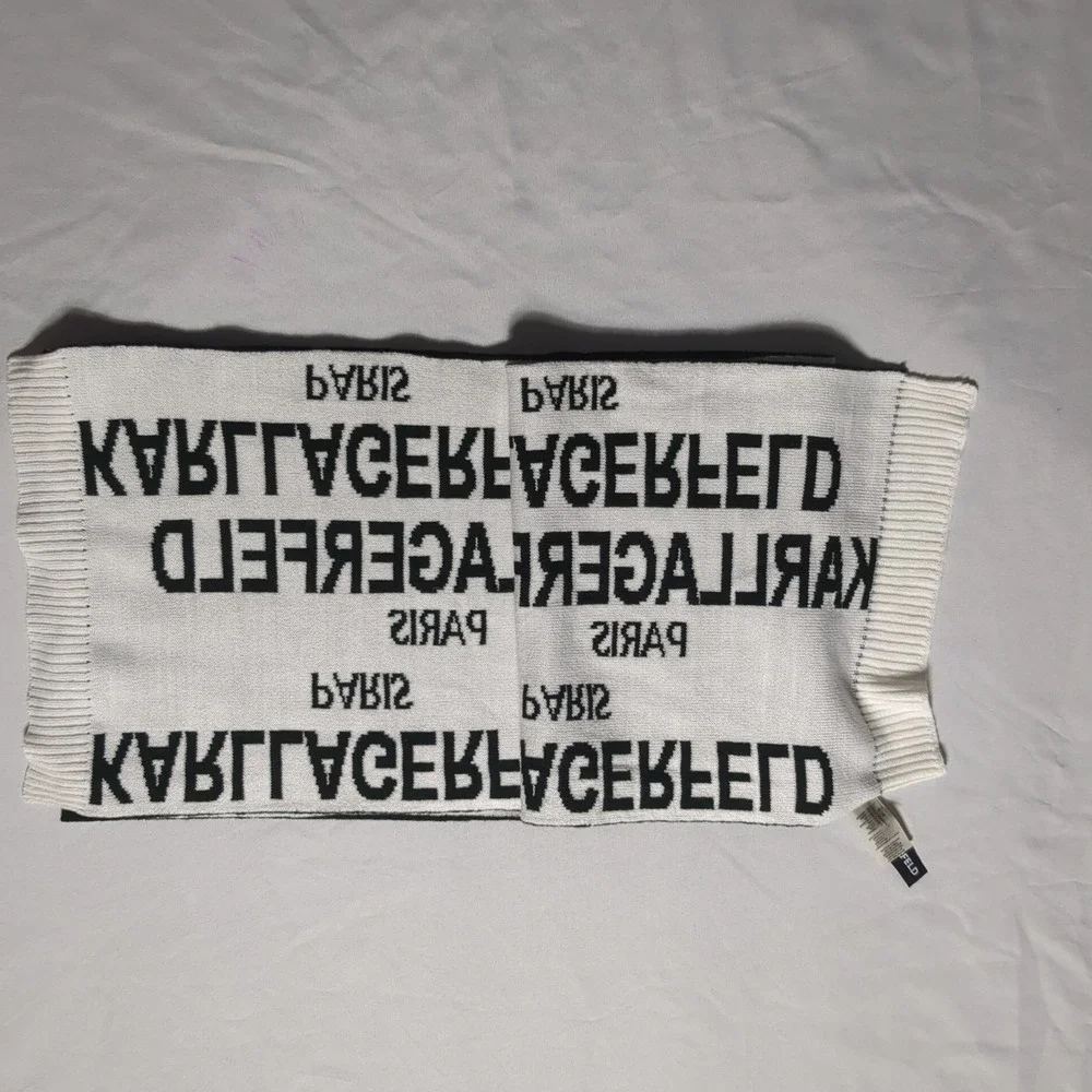 Karl Lagerfeld Paris Scarf‎ Black White Logo Knit Acrylic Reversible  70x10 EUC